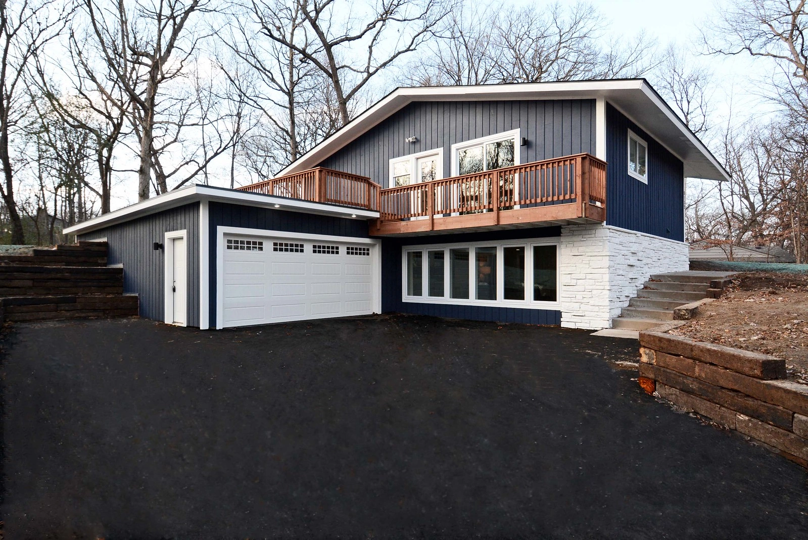 Completed exterior and garage at the KPS Lea Road renovation in Bloomington